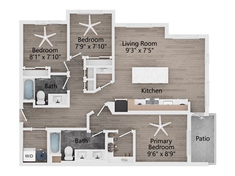 Floor plan for 3 beds, 2 baths, 1342 sqft